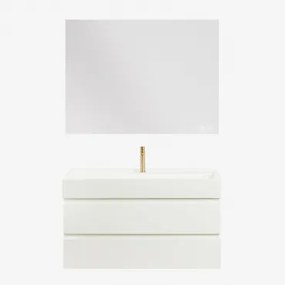 Conjunto De Móvel De Casa De Banho Em Madeira E Chapa De Freixo Com Lavatório Integrado Ona Branco & Retangular Led E Anti-embaciamento - Sklum
