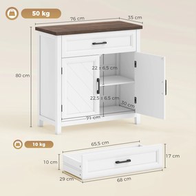 Aparador de sala  76 x 35 x 80 cm,, móvel de arrumação com 2 portas, gaveta e prateleira ajustável, branco