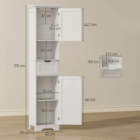 Armário de coluna para casa de banho 40 x 30 x 170 cm com iluminação LED, armário estreito, gaveta, 2 portas, branco