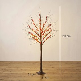 Árvore de Bétula Artificial 150 cm com Bagas Vermelhas 96 LED Temporizador e 12 Ramos Flexíveis