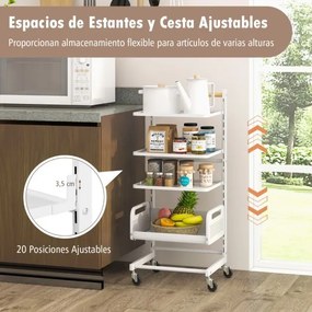 Carrinho de cozinha com 4 níveis Estantes metálicas ajustáveis Pega de madeira Rodas de borracha Multifunções para cozinha, casa de banho, sala de est