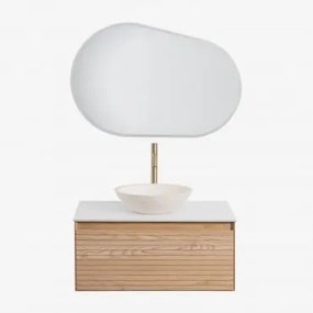 Conjunto De Móvel De Casa De Banho Em Madeira De Freixo Tedrik Castanho Fresno & Cimento Redondo Branco Ø40 Cm Zavion & Oval Led - Sklum
