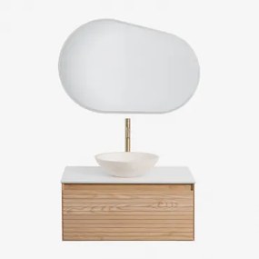 Conjunto De Móvel De Casa De Banho Suspenso Em Madeira De Freixo Tedrik Castanho Fresno & Cimento Redondo Branco Ø40 Cm Zavion & Oval - Sklum