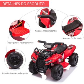 Quadriciclo Elétrico para Crianças de 18-36 Meses Veículo Elétrico a Bateria 6V Infantil com Faróis LED Velocidade 2km/h 66x44x42cm Vermelho