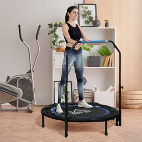 Trampolim de fitness e ginástica com pega ajustável, dobrável, 6 pés, 28 molas, Ø 102 cm, preto e azul