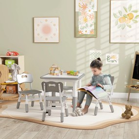 Conjunto de 1 mesa e 4 cadeiras para crianças com altura ajustável, conjunto de 5 peças, cinzento