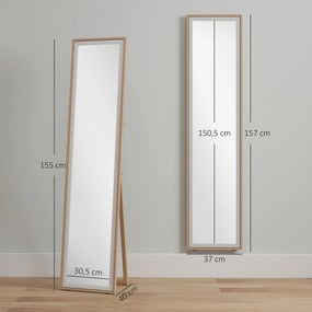 Espelho de Pé 157x37 cm com Moldura em MDF Espelho de Parede Retangular  com 2 Formas de Utilização Madeira e Prata