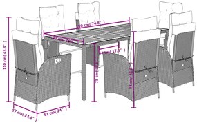 7 pcs conjunto de jantar p/ jardim c/ almofadões vime PE preto