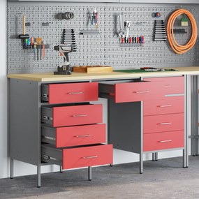 Conjunto de Armário e Mesa de Trabalho VidaXL com 3 Peças em Madeira Compósita e Aço Vermelho