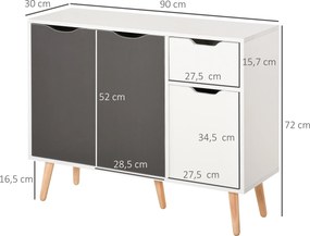 Aparador Móvel Auxiliar de Armazenamento com 2 Armários de Porta Gaveta Pés de Madeira 90x30x72 cm Cinza e Branco