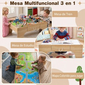 Mesa de Comboio para Crianças, 107 x 63 x 40 cm, Multifuncional 3 em 1, Natural