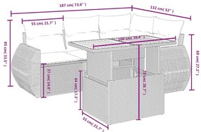 5 pcs conjunto sofás de jardim c/ almofadões vime PE cinzento