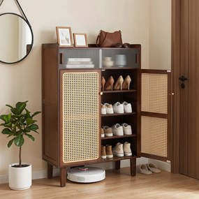 Sapateira, 67 x 33 x 107 cm, 5 Níveis com Portas de Rattan, cor Nogueira