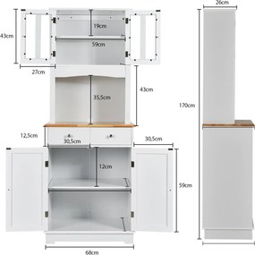 Armário Alto/Aparador de Cozinha “Verona” com Portas de Vidro, Gavetas