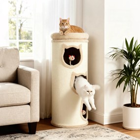 Cilindro para arranhar, torre para arranhar em sisal com borda em pelúcia, 3 níveis com plataforma, estável, Ø 38 x 96 cm, creme