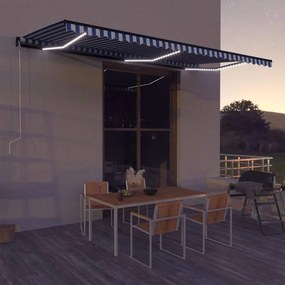 vidaXL Toldo com sensor de vento e LED 600x300 cm azul e branco
