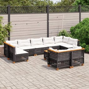 10 pcs conjunto sofás de jardim c/ almofadões vime PE preto