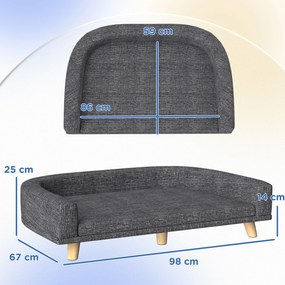Sofá para Cães Cama Elevada para Cães Estofada com Almofada Lavável e Pés de Madeira de Pinho 98x67x25 cm Cinza Escuro