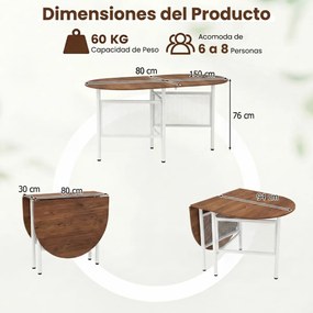 Mesa de jantar dobrável oval com abas rebatíveis para 6-8 pessoas, 150 x 80 x 76 cm, com pés metálicos, estilo rustico, castanho e Branco