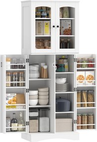Armário de cozinha  60 x 40 x 162 cm com vitrina em acrílico, 4 portas, 10 compartimentos, 8 suportes para prateleiras, branco