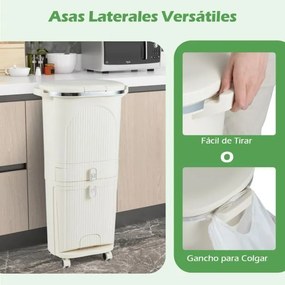 Caixote do lixo de 42 L com 2 baldes removíveis, gaveta com pedal e rodas para sala, cozinha e casa de banho, bege