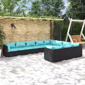 vidaXL 10 pcs conjunto lounge de jardim c/ almofadões vime PE preto