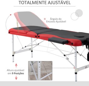 Marquesa Mesa de Massagem Dobrável e Portátil com Altura Ajustável e Apoio para a Cabeça 180x60x62-82 cm Vermelho e Preto