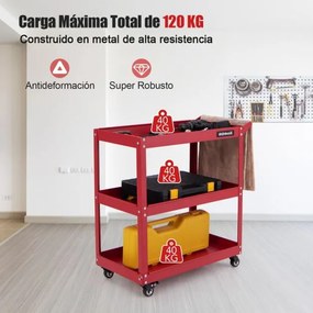 Carrinho de ferramentas de metal com rodas 3 níveis 3 Estantes espaçosas 4 rodas 2 travões para garagem Armazém doméstico Vermelho