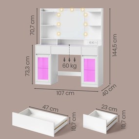 Toucador com espelho 107 x 40 x 144,5 cm (CADEIRA NÃO INCLUIDA), iluminação RGB, tomada e 2 armários Branco