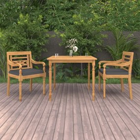 vidaXL 3 pcs conjunto jantar jardim c/ almofadões madeira teca maciça