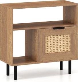 Movel pequeno arrumação 60 x 25,5 x 59 cm em rattan com prateleira de arrumação e pernas em metal para espaços pequenos, sala ou quarto, natural