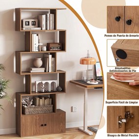Estante de 5 Níveis com Armário de 2 Portas, 70 x 23 x 183 cm, Design em Forma de S, Natural