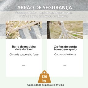 Cama Rede de Jardim 200x100 cm Rede Suspensa com Travessas de Madeira para Pátio Varanda Campismo Creme e Cinza