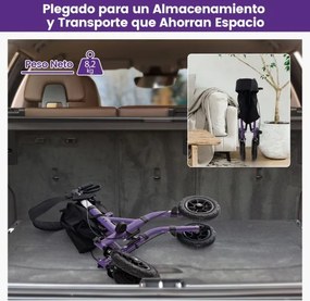Andarilho dobrável para adultos idosos com assento 24 cm Rodas pneumáticas todo-o-terreno Saco de arrumação Carga 160 kg Púrpura