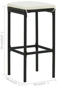 Bancos de bar com almofadões 6 pcs vime PE preto