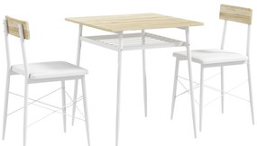 HOMCOM Conjunto de Refeição de 3 Peças Conjunto 1 Mesa 70x70x75 cm e 2 Cadeiras 40x50x80 cm com Prateleira de Armazenamento Branco e Madeira