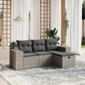 4 pcs conjunto sofás de jardim c/ almofadões vime PE cinzento
