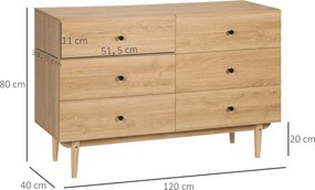 Cómoda com 6 gavetas, móvel de arrumação com pés em madeira maciça, 120 x 40 x 80 cm, cor de madeira