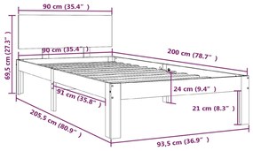 Estrutura de cama 90 x 200 cm madeira de pinho maciça preto