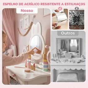 Toucador Infantil de Maquilhagem com Banco Espelhos Giratórios Gaveta e Acessórios e Bandejas Rosa +3 Anos