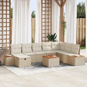 Conjunto de Sofá de Jardim 9 Peças com Almofadas Bege de Rattan Polimé