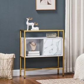 HOMCOM Mesa Consola Aparador de Entrada com Bancada de Vidro Temperado e Compartimento de Armazenamento Móvel de Entrada para Sala de Estar Estúdio 80x30x90cm Branco e Dourado