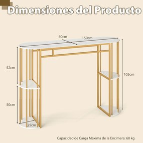 Mesa de bar alta retangular 150 x 40 x 105 cm (BANCOS NÃO INCLUIDOS) com estantes de arrumação, estrutura metálica e tampo em imitação mármore; consol