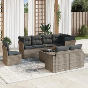 9 pcs conjunto sofás p/ jardim com almofadões vime PE cinzento