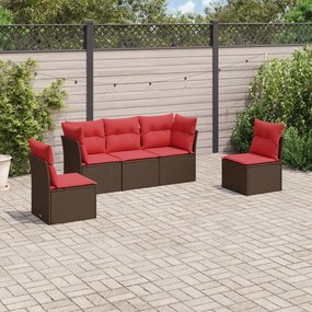 vidaXL 5 pcs conjunto sofás p/ jardim c/ almofadões vime PE castanho