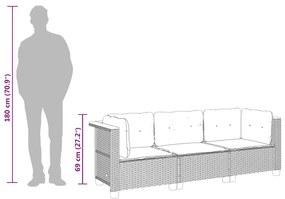Sofá de jardim de 3 lugares com almofadões vime PE cinzento
