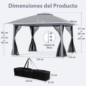 Pergula dobrável 394 x 394 cm, portátil com teto duplo e rede, bolsa de transporte, abrigo solar de montagem rápida e instantânea, cinzenta