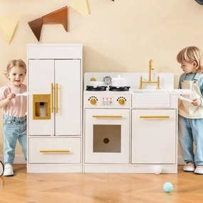 Cozinha para crianças 106,5 x 30 x 81 cm com frigorífico, fogão, máquina de gelo, máquina de lavar louça, lava-louças e relógio para crianças a partir