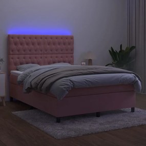 Cama box spring c/ colchão/LED 140x190 cm veludo rosa