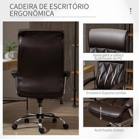 Vinsetto Cadeira de Escritório Ergonômica Cadeira de Escritório Giratória e Basculante com Altura Ajustável Encosto Alto e Apoio para a cabeça Acolchoado Pele Sintética 66x69x113-121cm Marrom